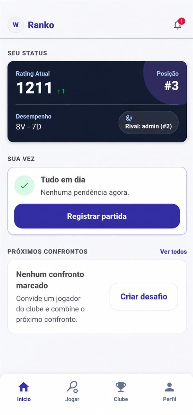 Tela inicial do Ranko com rating, proximo confronto e acesso para registrar partida