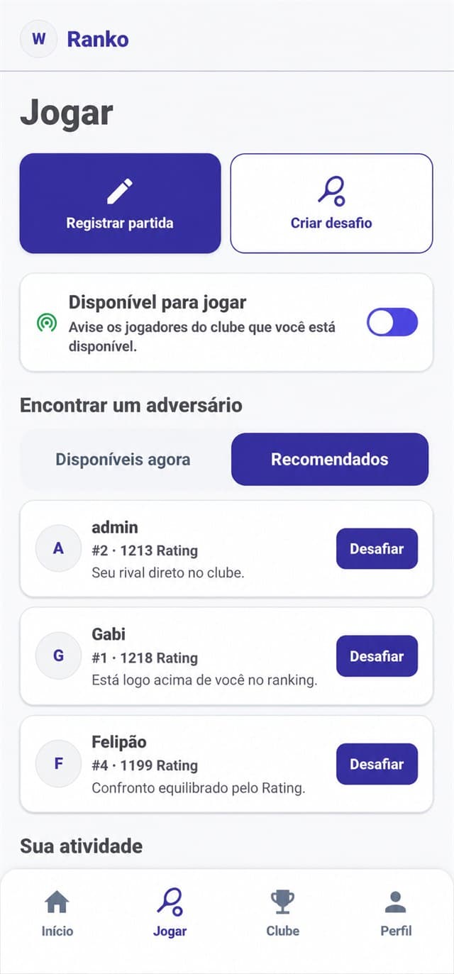 Tela Jogar do Ranko com opcoes de registrar partida e criar desafio